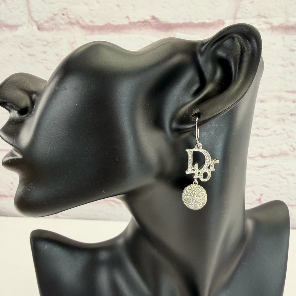 Dior Silver Oblique Crystal Pavé Dangle Logo Earrings